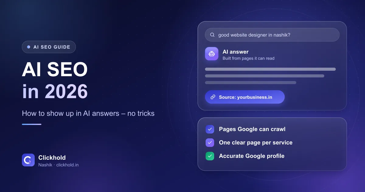 Illustration of an AI answer box citing a local business website, next to a checklist for crawl access, clear pages and an accurate Google profile