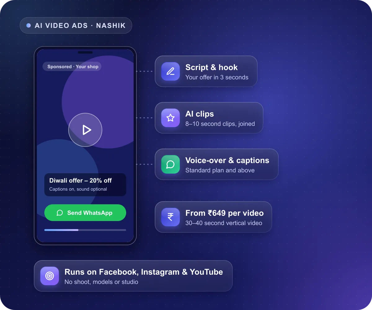 AI video ads in Nashik: a phone showing a sponsored vertical video ad with captions and a WhatsApp button, made from AI clips, a script and an AI voice-over