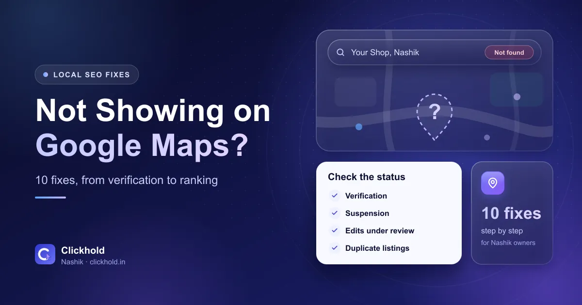 Illustration of a Google Maps search showing no result for a business, next to a profile status card with verification, suspension and review checks