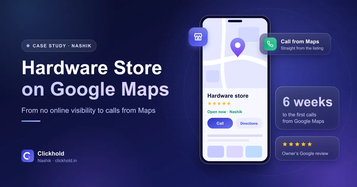 Illustration of a phone showing a hardware store listing on Google Maps, with a call notification and a card reading 6 weeks to the first calls