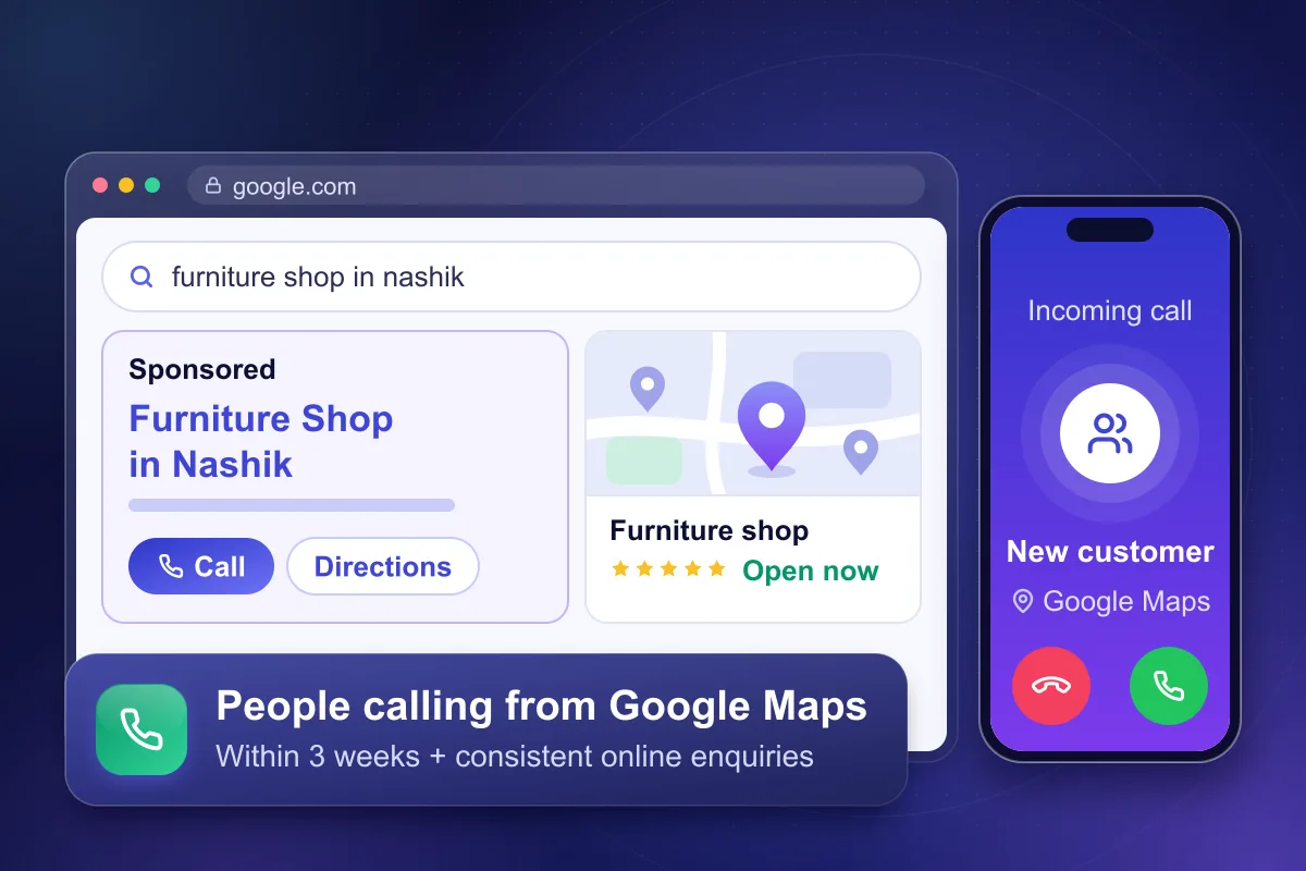 Illustration of a sponsored Google search ad and map result for a furniture shop
