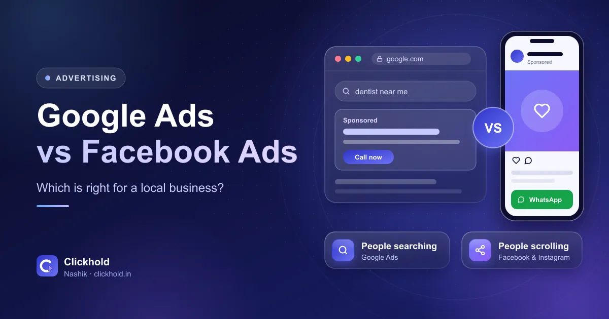 Illustration comparing a search results page with ads on one side and a social media feed with an ad post on the other
