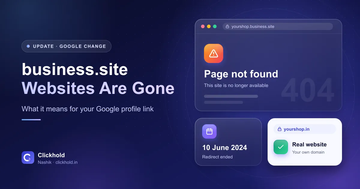 Illustration of a browser showing a business.site page not found error, a card reading 10 June 2024 and a new website with its own domain