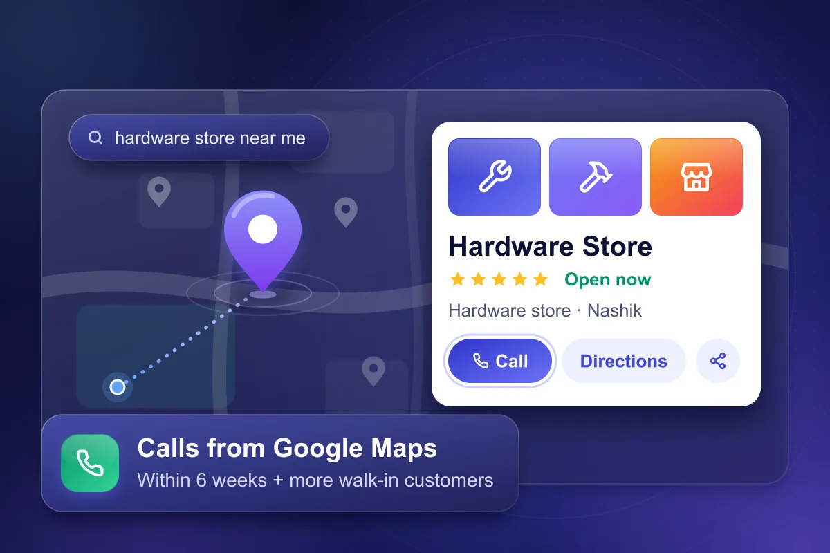 Illustration of a Google Maps business listing for a hardware store with call and directions buttons