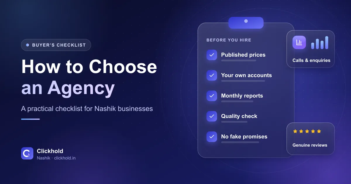 Illustration of a glass clipboard with a hiring checklist: published prices, accounts in your name, monthly reports, quality check and no fake promises