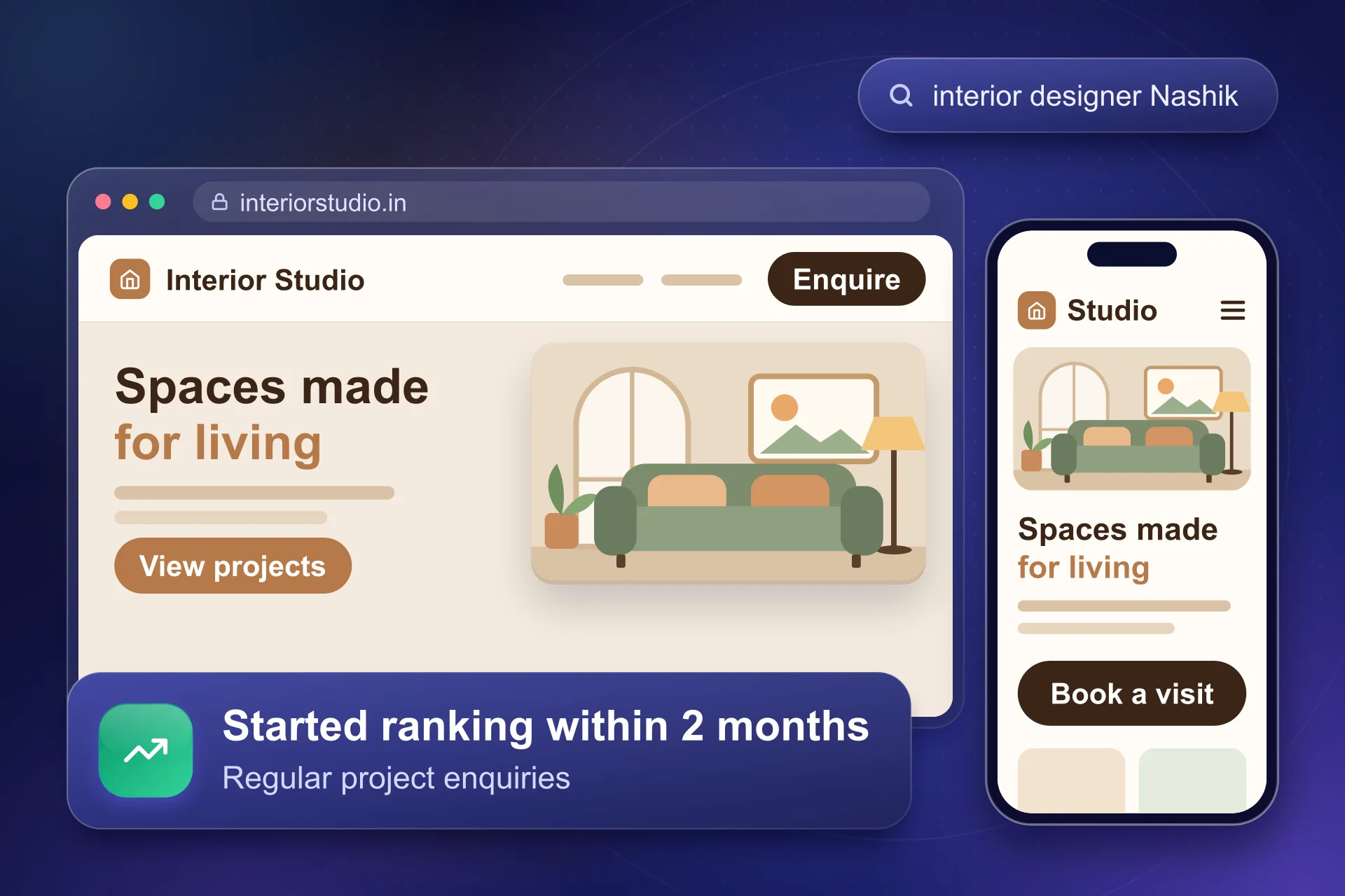 Illustration of a portfolio website for an interior designer, shown on a laptop and phone