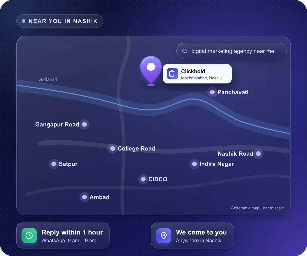Digital marketing agency near you in Nashik: map of CIDCO, College Road, Gangapur Road, Satpur, Ambad, Indira Nagar, Nashik Road and Panchavati with Clickhold in Makhmalabad