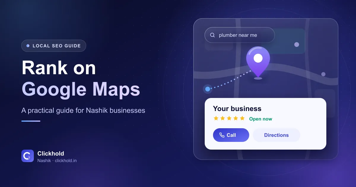 Illustration of a map with a location pin, a near-me search and a local business listing card with star ratings, call and directions buttons