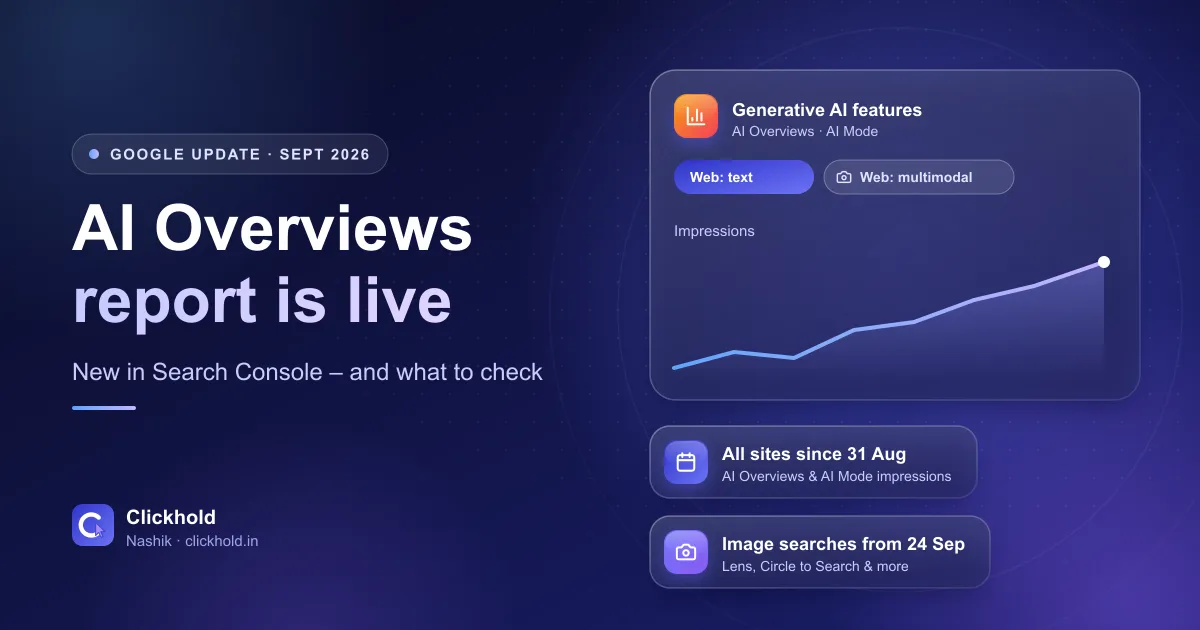 Illustration of the Search Console generative AI features report with AI Overviews impressions and a filter for text and image searches