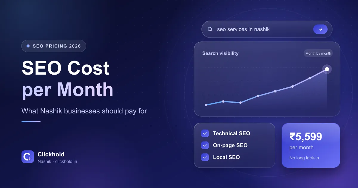 Illustration of a search bar, a rising search visibility chart, an SEO checklist and a monthly price card on a dark indigo background