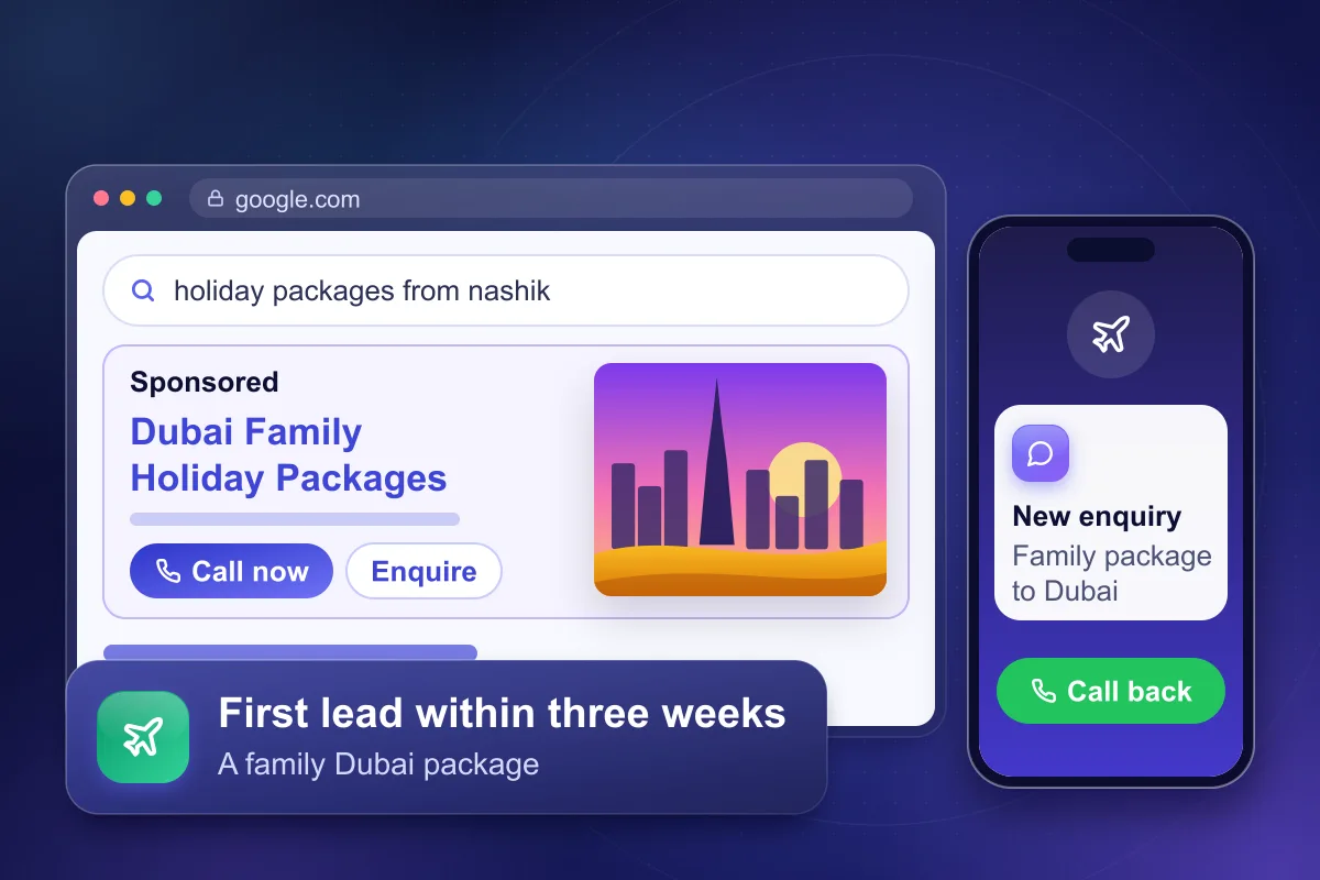 Illustration of a Google search ad for holiday packages with a call button